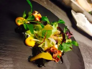 Plat gastronomique coloré à base de poulpe et légumes, réalisé par Alice