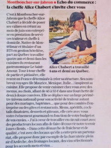 Article de presse sur Alice Chabert, cheffe à domicile et traiteur à Montboucher-sur-Jabron