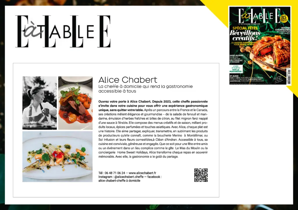 Parution Elle à Table consacrée à Alice Chabert, cheffe à domicile près de Montélimar