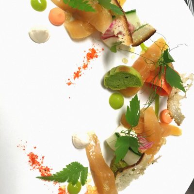 Photo d'assiette gastronomique fraîche au saumon et condiments, réalisée par Alice